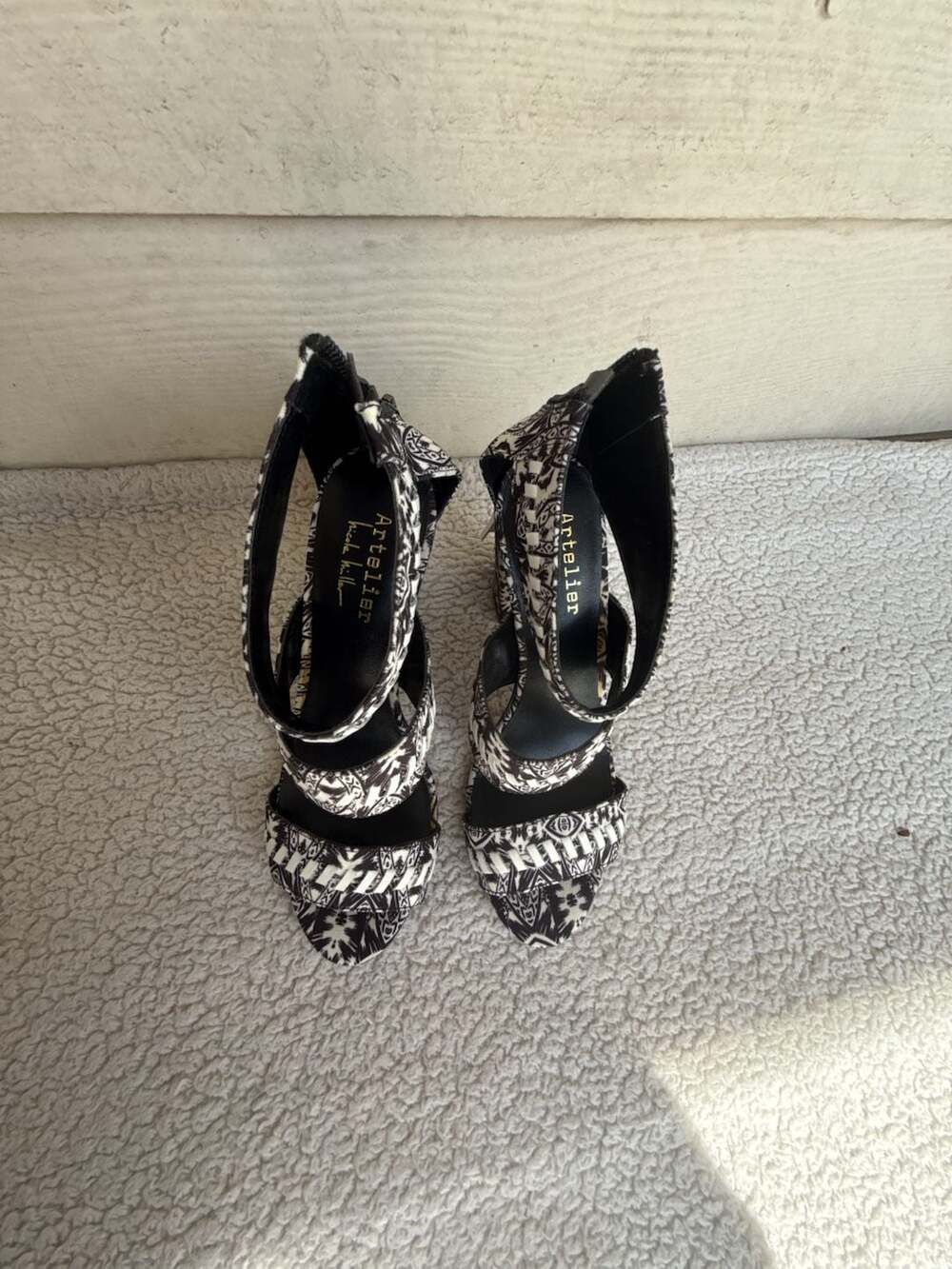 Nicole Miller Artelier Black and White Patterned Heeled Sandals with Tassel
